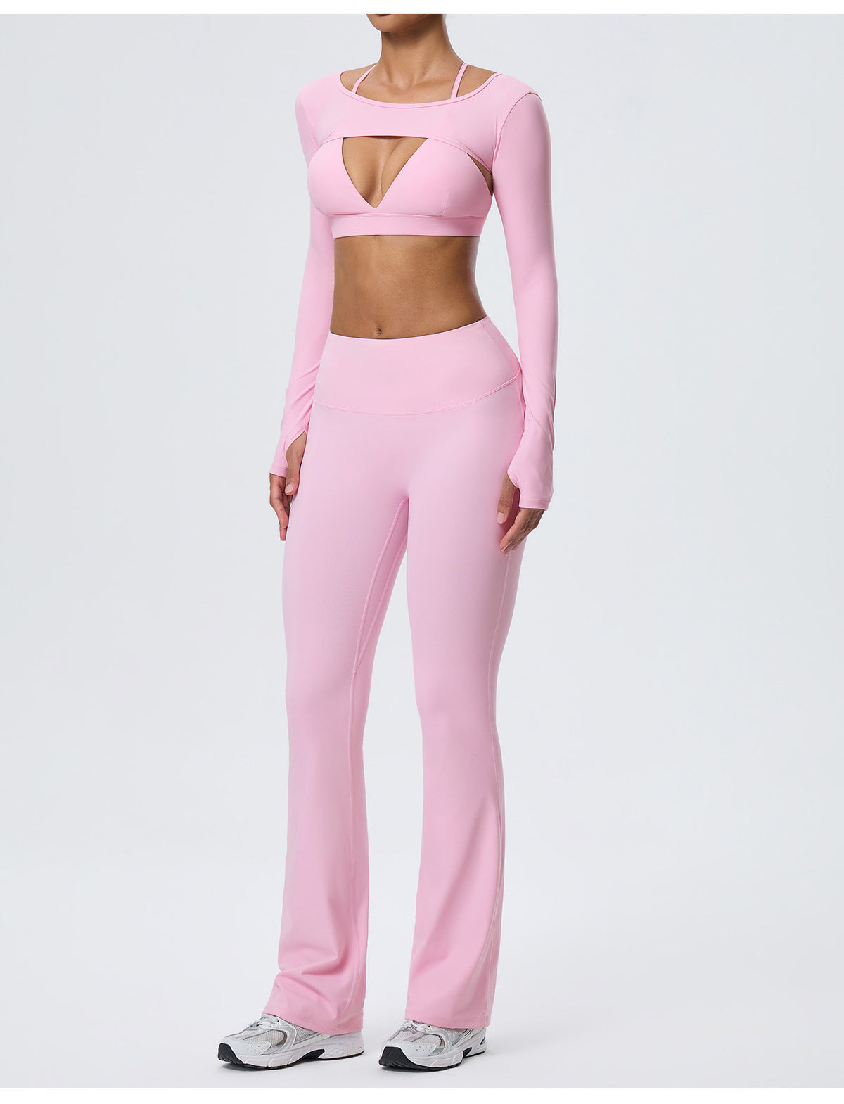 Wholesale Nude-Feel Activewear Set | Double-Brushed Bra, Butt-Lift Flare Pants & Cover-Up | fouregg