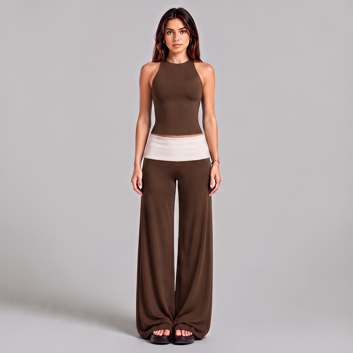Wholesale Women’s Activewear Set | Color-Block Halter Sports Top & High-Waisted Workout Pants | fouregg - Pants + Tank Top, Dark Coffee