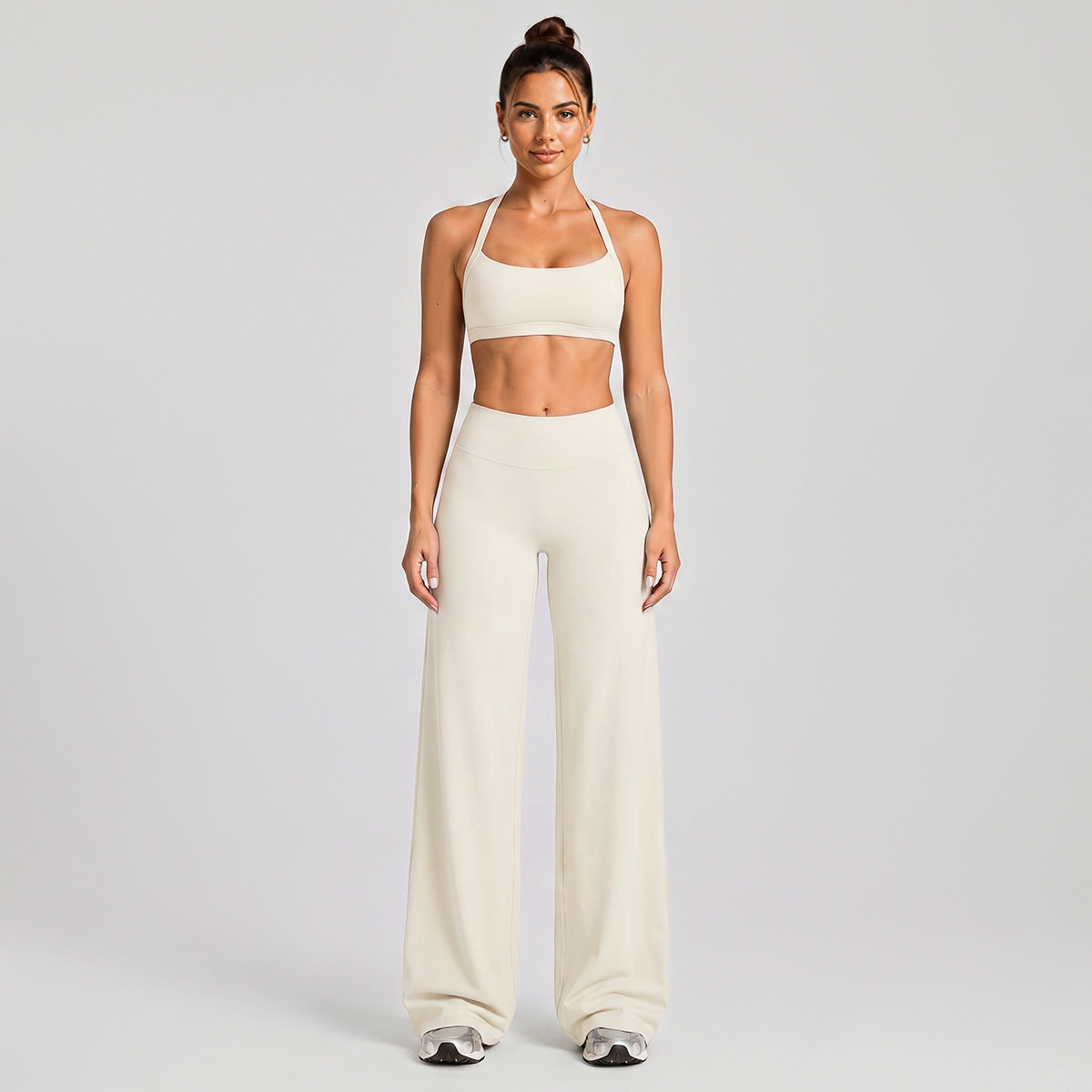 Wholesale Women’s Activewear Set | Halter Neck Sports Bra for Running, Cycling & Pilates | fouregg - Wide-Leg Long Set, Egg White