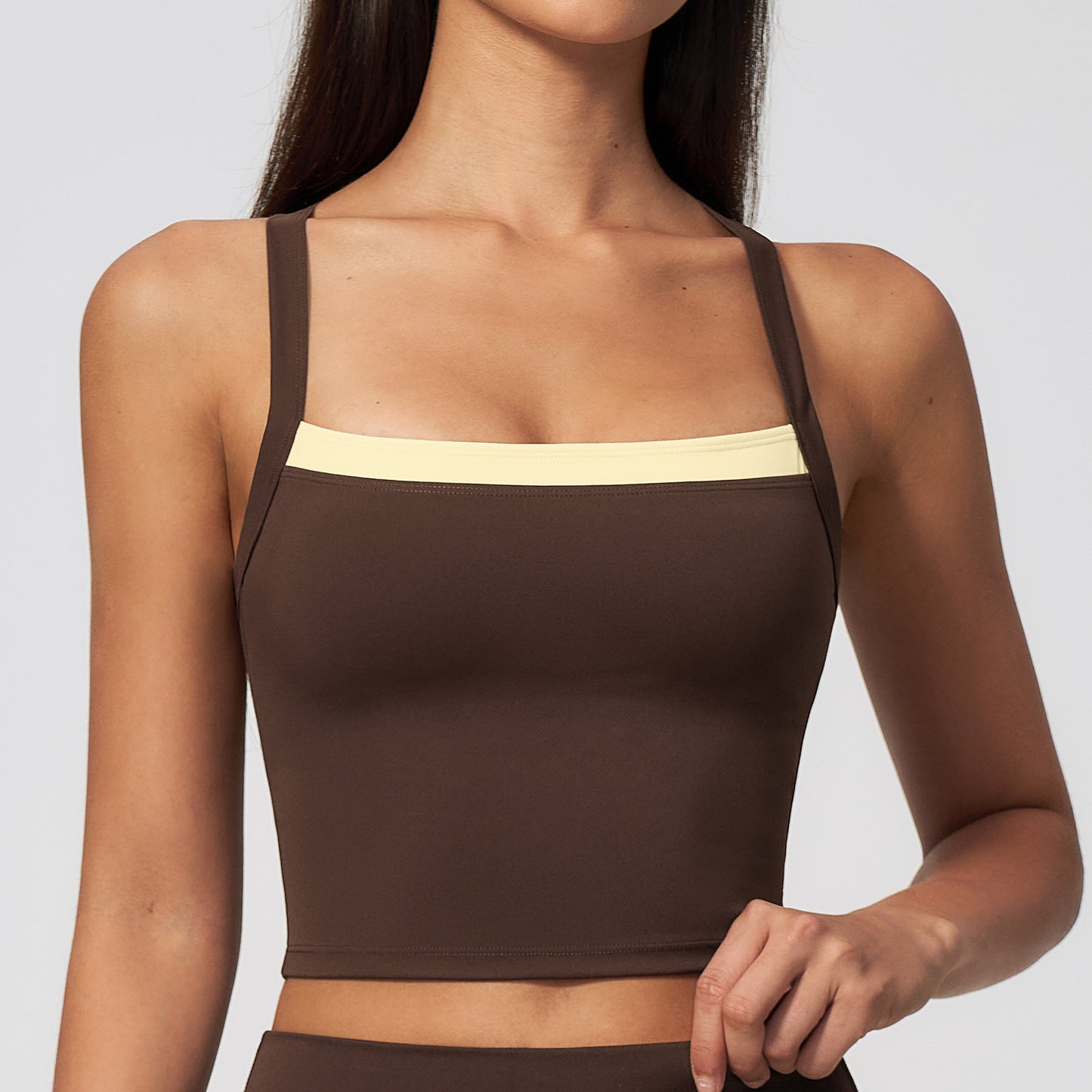 fouregg Nude-Feel Yoga Tank Faux Twinset Criss-Cross Outdoor Fitness Top #6116