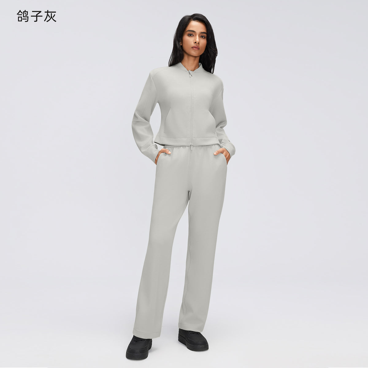 Wholesale Women’s Casual Activewear Set | Relaxed Cropped Sports Jacket & Straight-Leg Trousers | fouregg - Dove Gray D26156+D26157