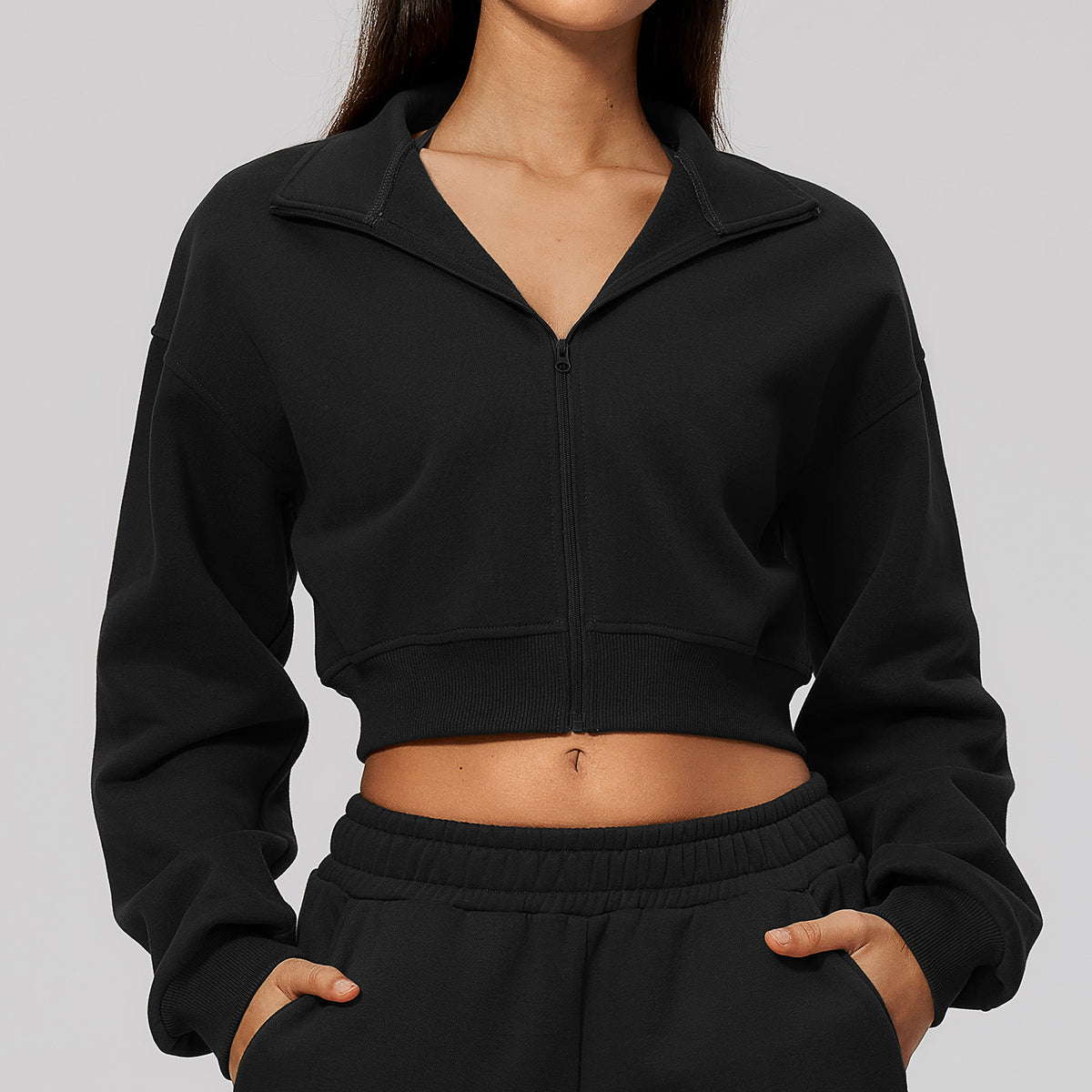 Wholesale Women’s Cropped Sports Jacket | Bulk Warm Windproof Fleece 3615 | fouregg - Midnight Black