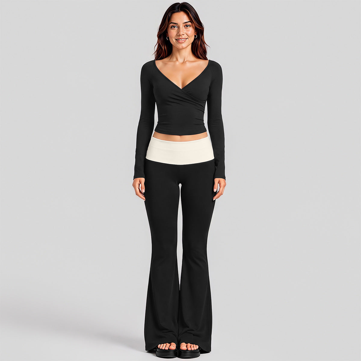 Wholesale Women’s Activewear Set | Quick-Dry Long Sleeve Off-Shoulder Top & High-Waisted Workout Pants | fouregg - Long Sleeve + Flared Pants, Black