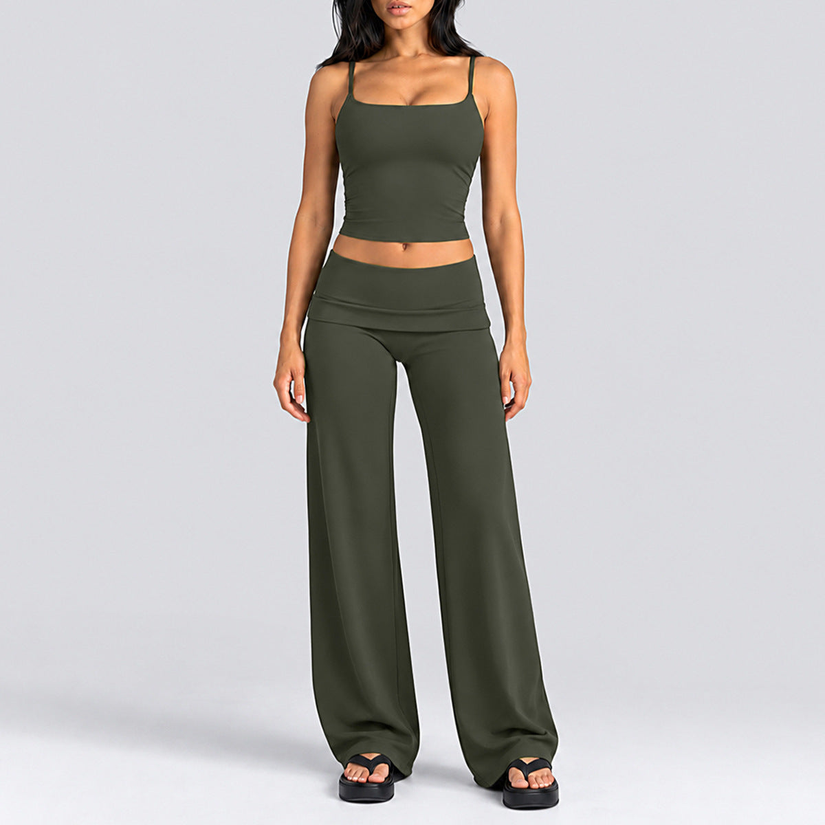 Wholesale Women’s Activewear Set | Quick-Dry Backless Tank Top & Slimming High-Waisted Workout Pants | fouregg - Tank Top + Straight-Leg Pants, Olive Green