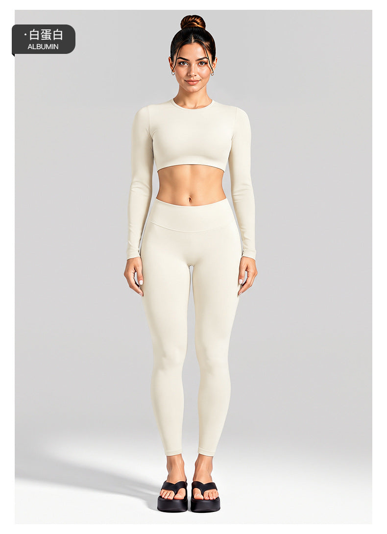 Wholesale Women’s Activewear Set | Cutout Back Long Sleeve Tee & High-Waisted Loose Pants | fouregg
