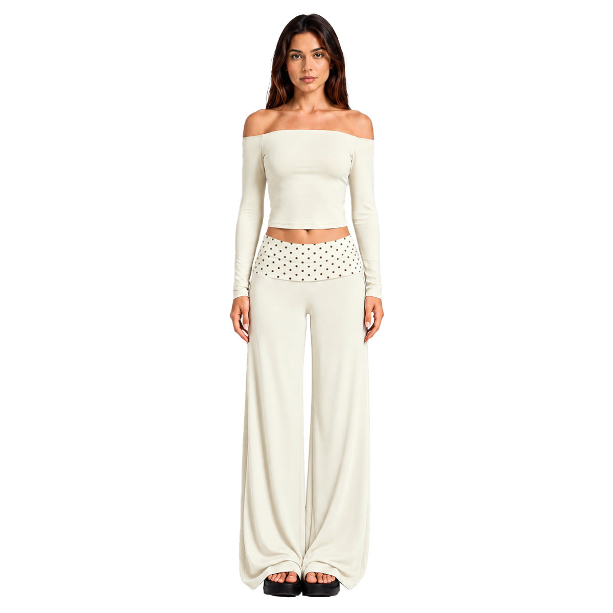 Wholesale Women’s Activewear Set | Color-Block Off-Shoulder Top & Polka Dot Workout Trousers | fouregg