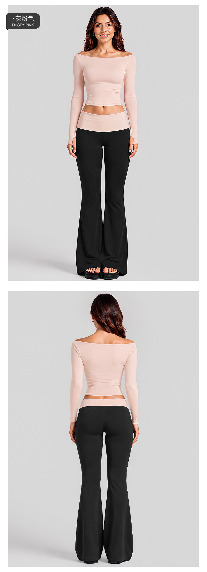 Wholesale Women’s Activewear Set | Quick-Dry Long Sleeve Off-Shoulder Top & High-Waisted Workout Pants | fouregg