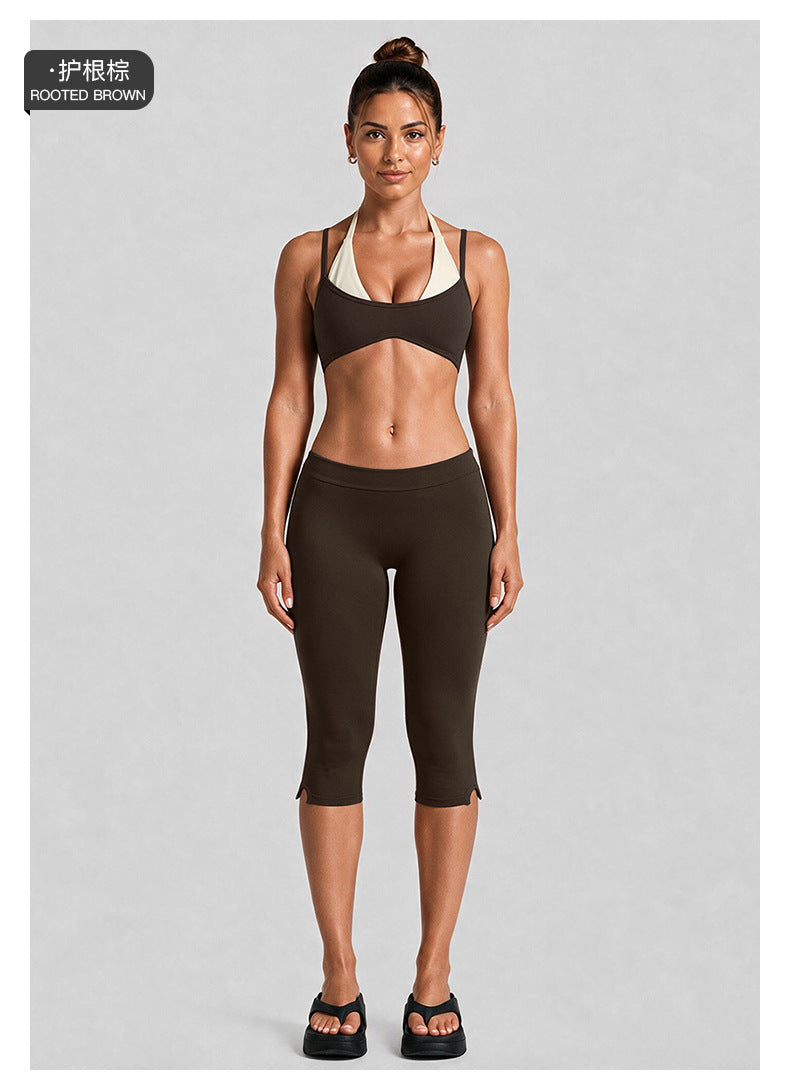 Wholesale Women’s Activewear Set | Contrast-Color Halter Bra & 3/4-Length Running Workout Pants | fouregg