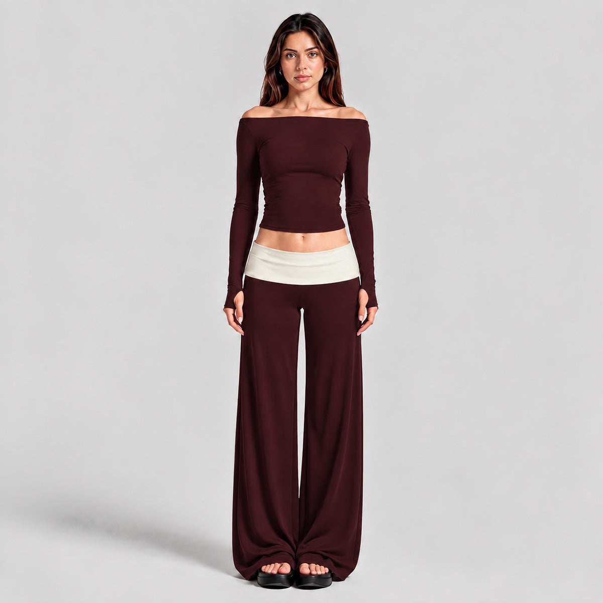 Wholesale Women’s Activewear Set | Quick-Dry Long Sleeve Off-Shoulder Top & High-Waisted Workout Pants | fouregg - Long Sleeve + Pants, Ancolie Red
