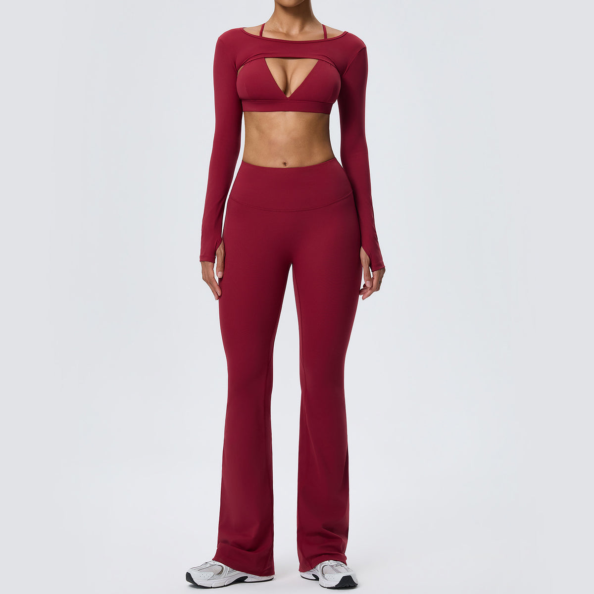 Wholesale Nude-Feel Activewear Set | Double-Brushed Bra, Butt-Lift Flare Pants & Cover-Up | fouregg