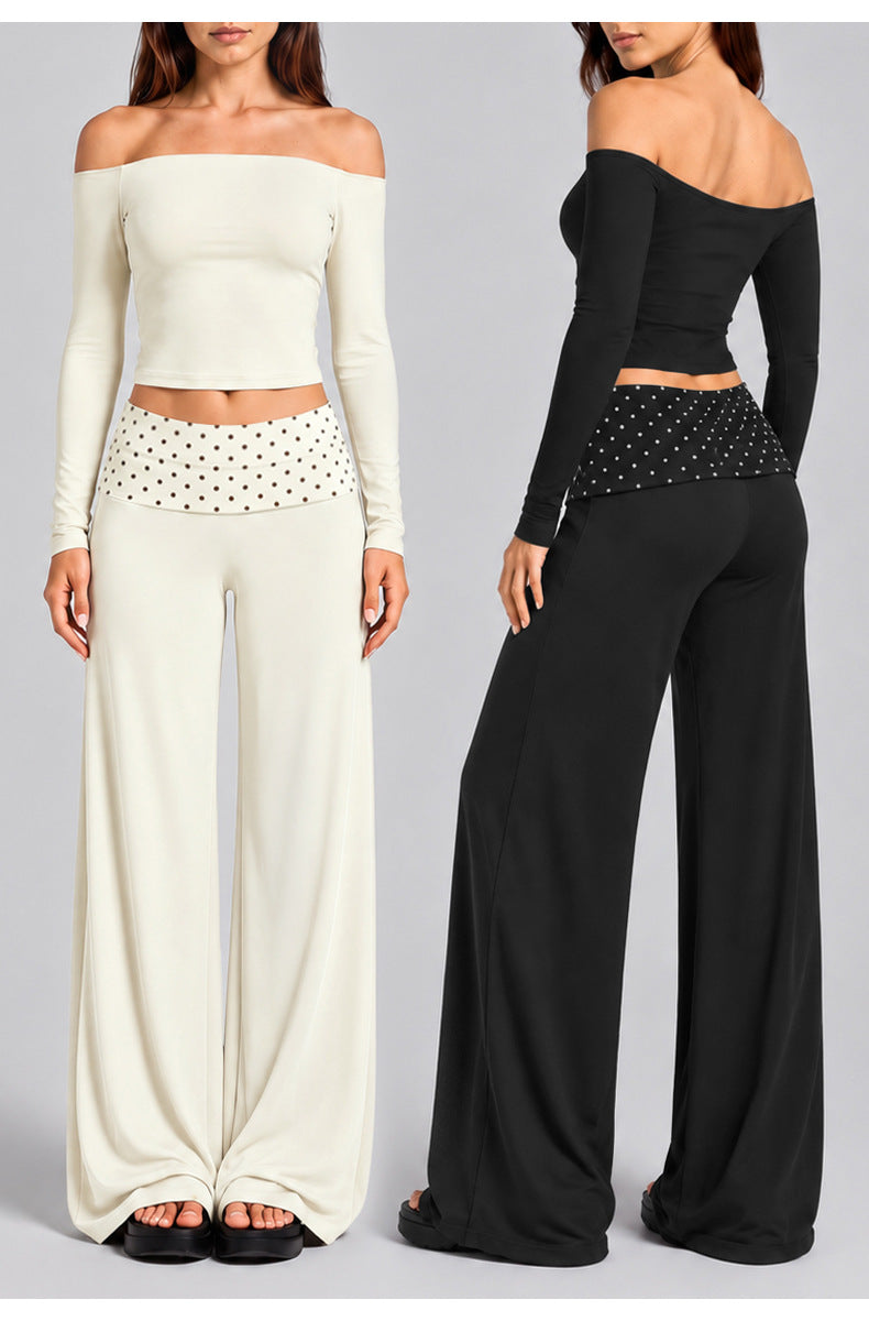 Wholesale Women’s Activewear Set | Color-Block Off-Shoulder Top & Polka Dot Workout Trousers | fouregg