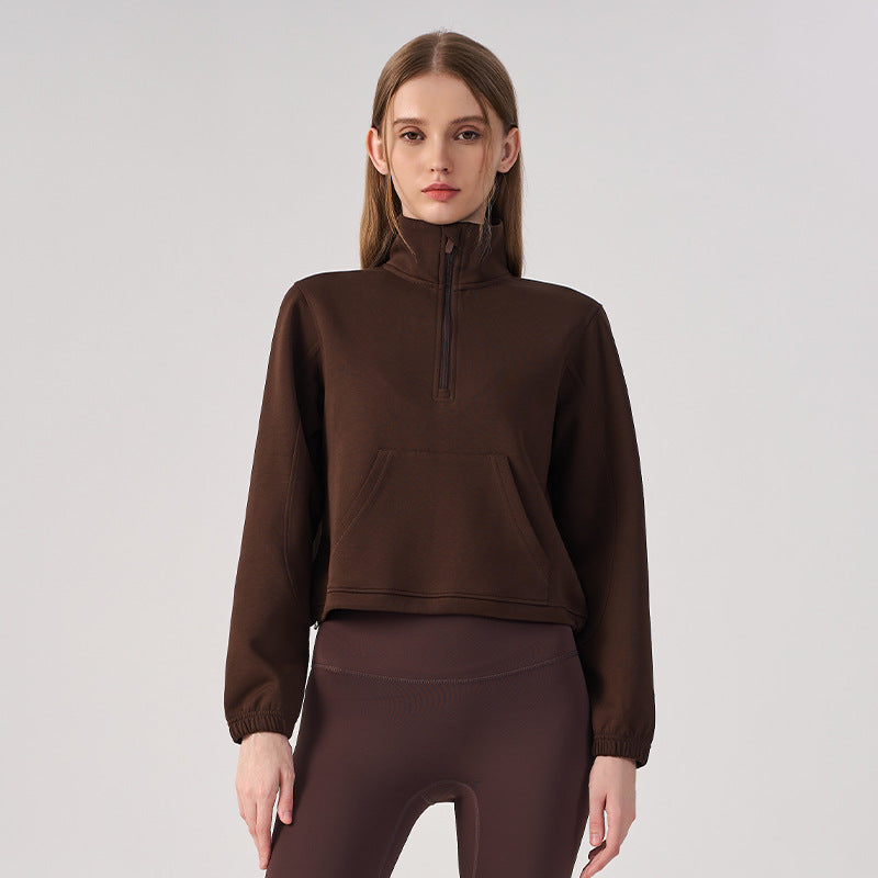 Wholesale Women’s Cropped Sweatshirt | Bulk Relaxed-Fit Half-Zip Workout Top | fouregg - Plum Brown