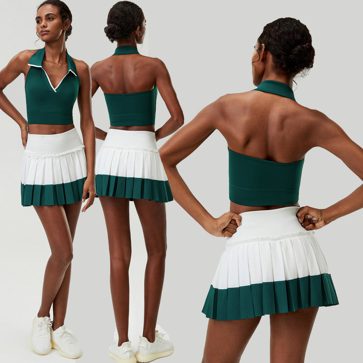 Wholesale Women's 2-Piece Tennis Skirt Set | Halter Sports Tank & Puff-Edge Skirt | Quick-Dry Activewear | fouregg
