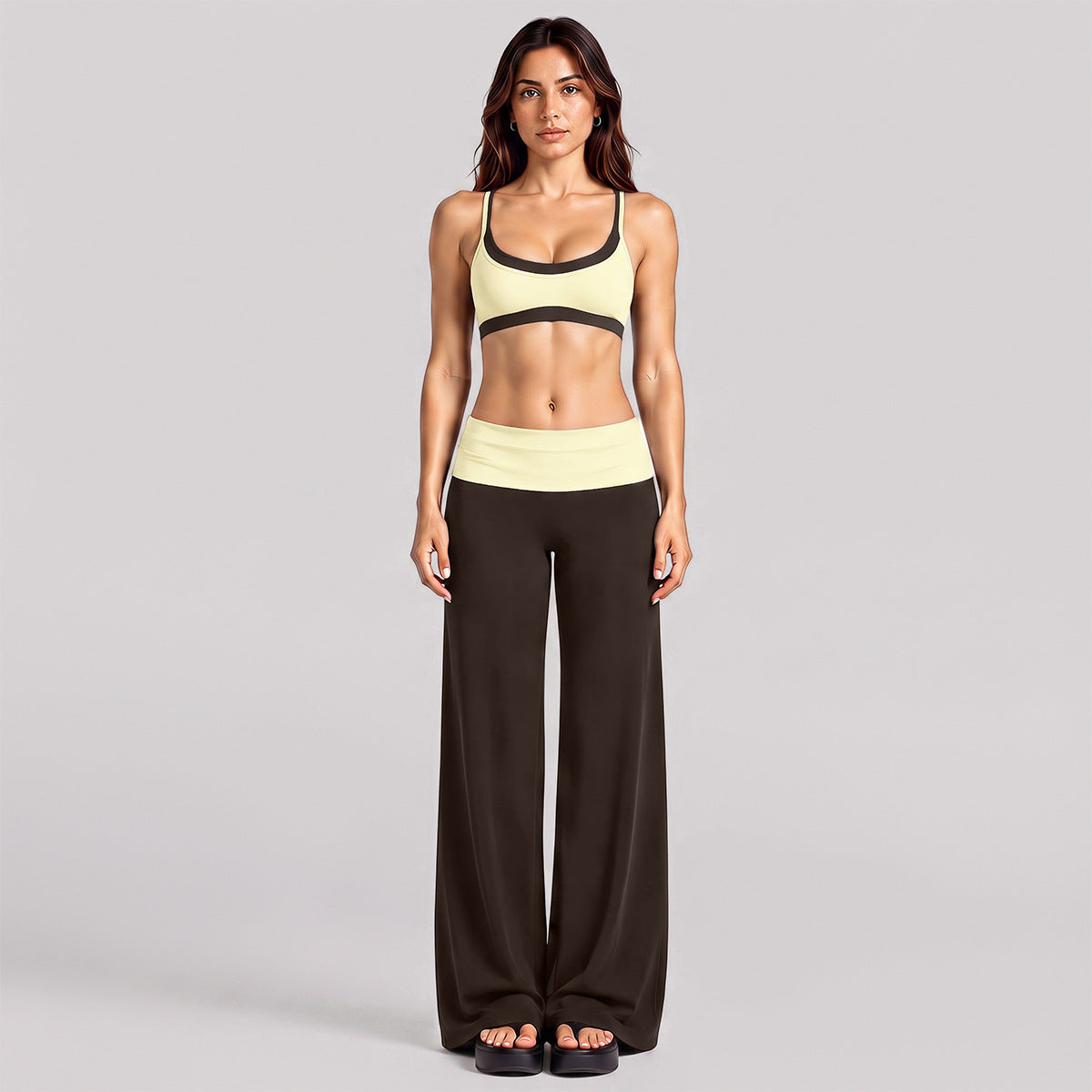 Wholesale Women’s Activewear Set | Layered Workout Bra & Color-Block Loose-Fit Training Pants | fouregg - Cream yellow with dark roots