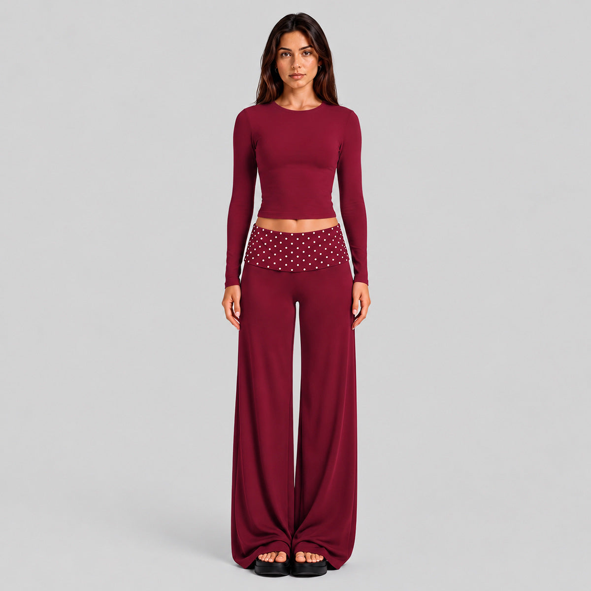 Wholesale Women’s Activewear Set | Fitted Sports Tank & Color-Block Polka Dot Workout Pants | fouregg - 1356 Long Sleeve + 6181 Pants Rumba Red