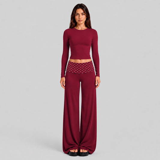 Wholesale Women’s Activewear Set | Fitted Sports Tank & Color-Block Polka Dot Workout Pants | fouregg - 1356 Long Sleeve + 6181 Pants Rumba Red