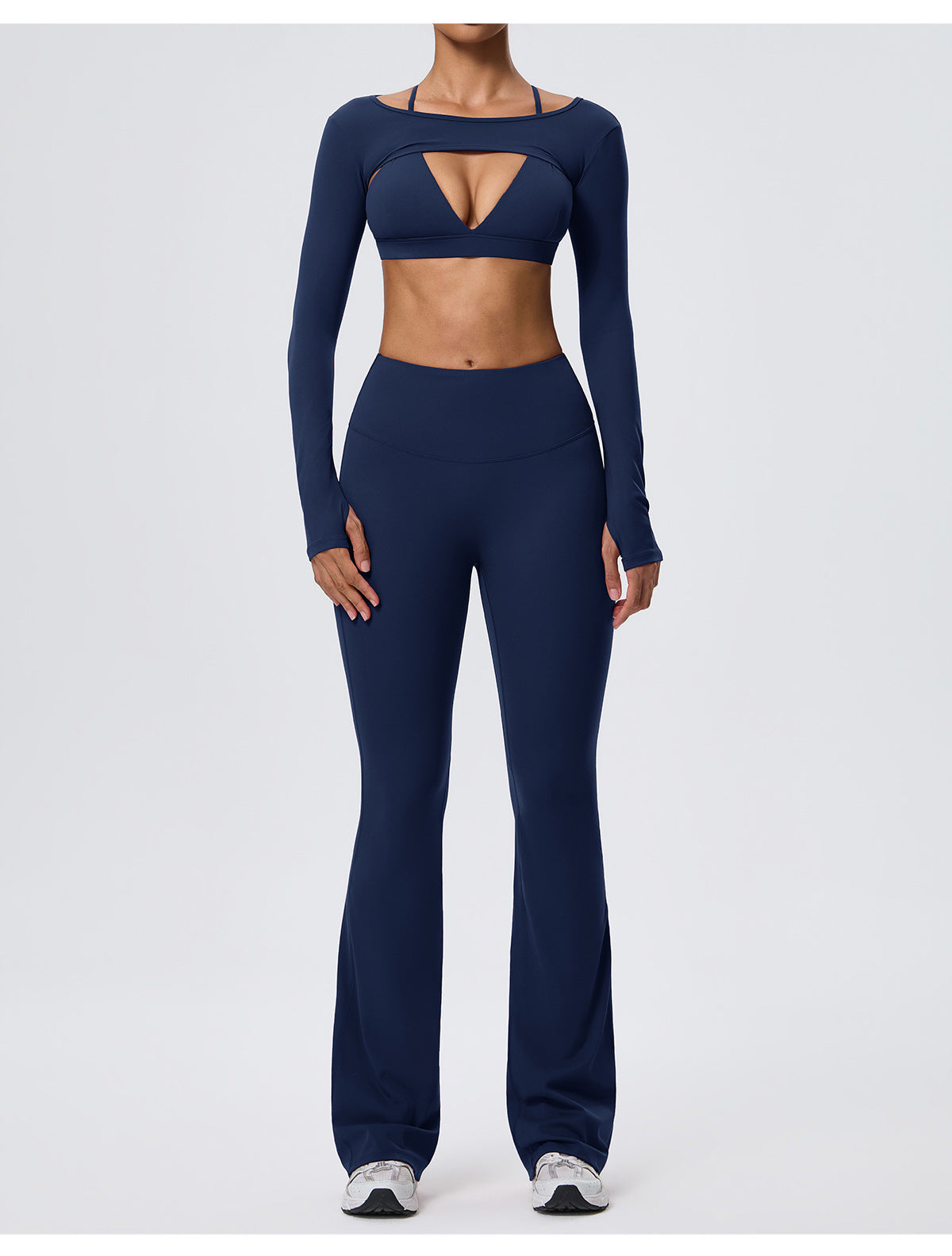 Wholesale Nude-Feel Activewear Set | Double-Brushed Bra, Butt-Lift Flare Pants & Cover-Up | fouregg