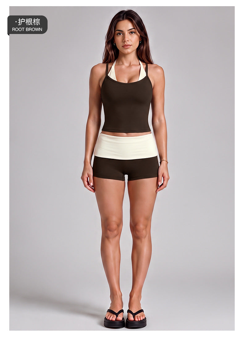 Wholesale Women’s Activewear Set | Halter Sports Top & Color-Block High-Waisted Yoga Pants | fouregg