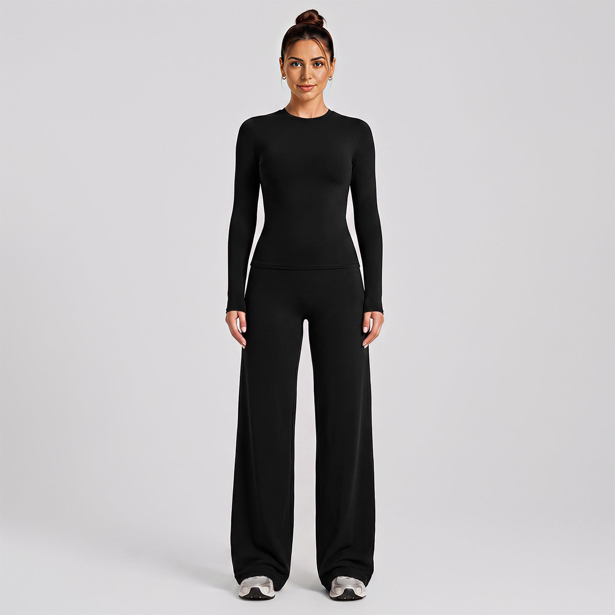 Wholesale Women’s Activewear Set | Slim-Fit Long Sleeve Tee & High-Waisted Loose Workout Pants | fouregg - Black