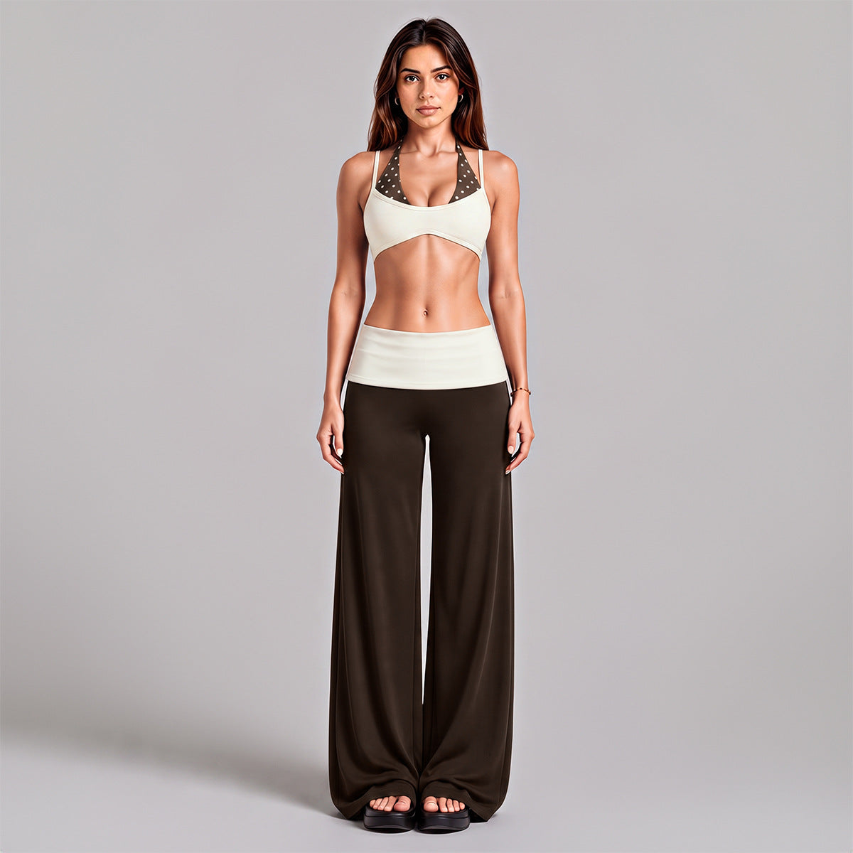 Wholesale Women’s Activewear Set | Backless Halter Bra & Color-Block High-Waisted Yoga Pants | fouregg - Underwear + Long Pants, Albumen White