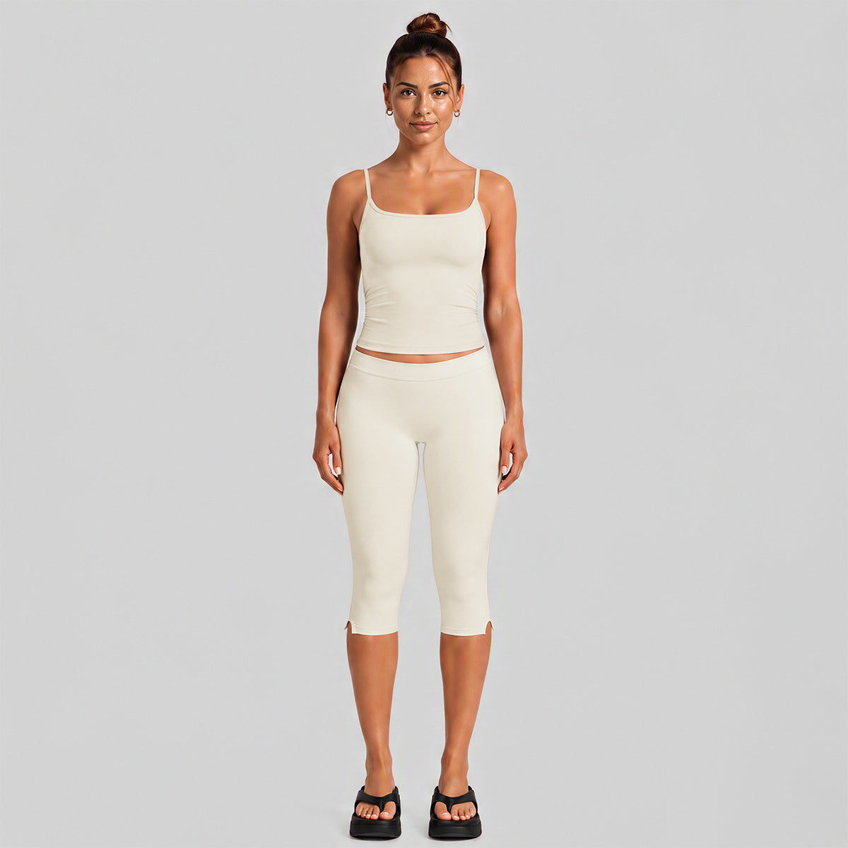 Wholesale Women’s Quick-Dry Activewear Set | Slim-Fit Dual-Strap Tank Top & 3/4-Length Cycling Pants | fouregg - Albumen