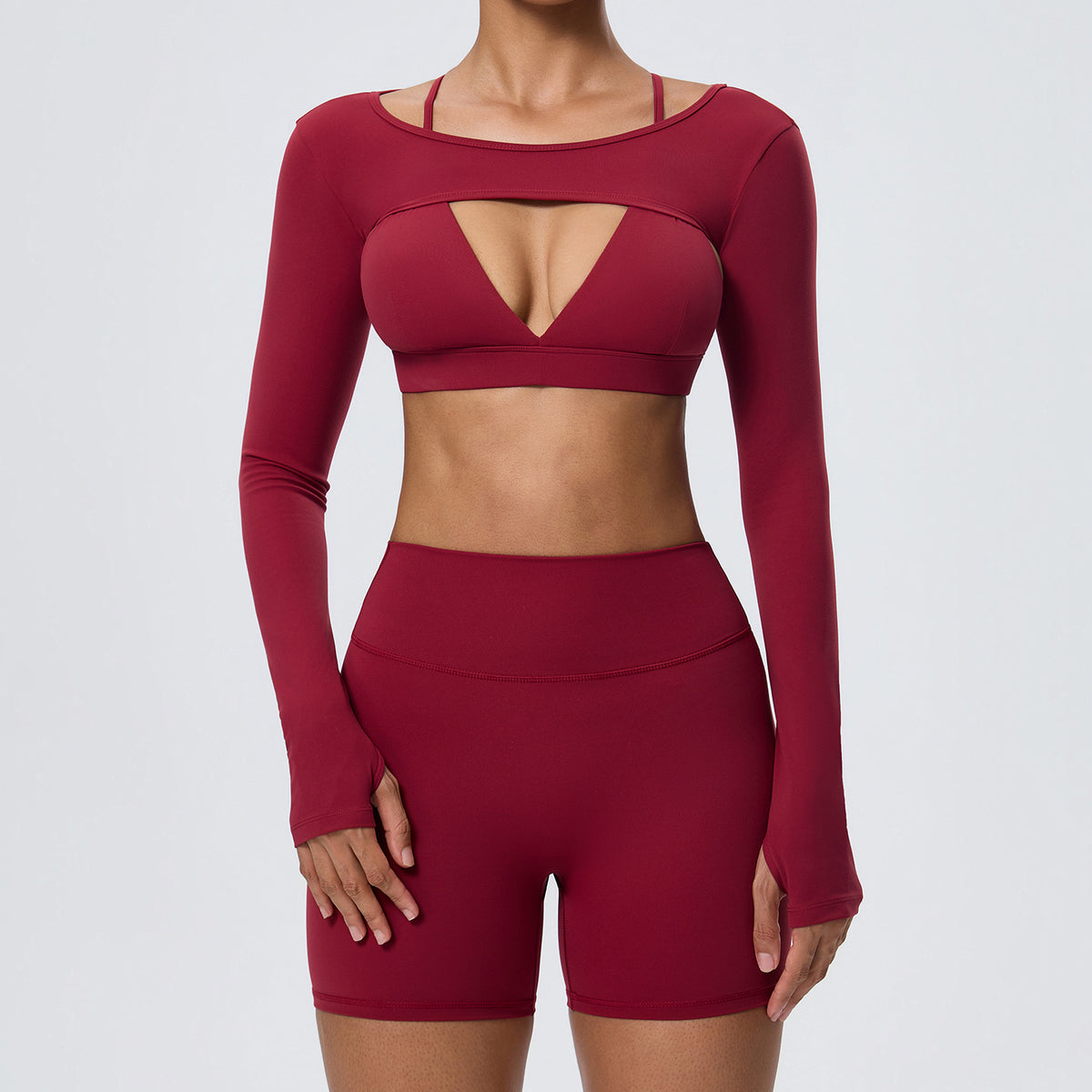 Wholesale Women’s Double-Brushed Yoga Set | Bulk Sports Bra, Sculpting Shorts & Cover-Up | fouregg - Deep Red