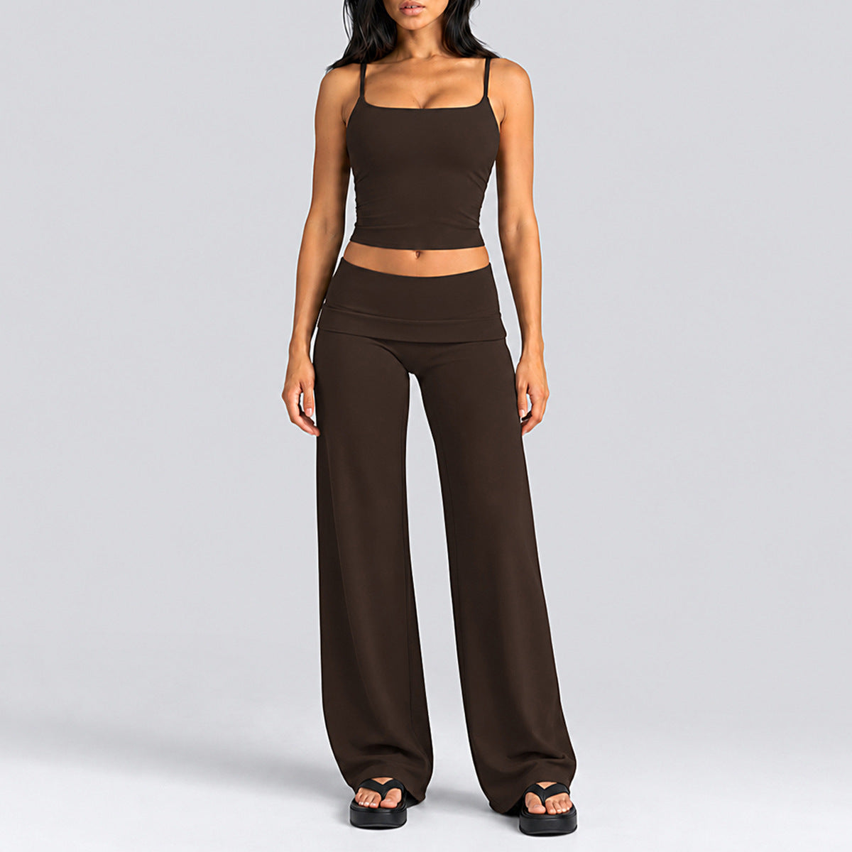Wholesale Women’s Activewear Set | Quick-Dry Backless Tank Top & Slimming High-Waisted Workout Pants | fouregg - Tank Top + Straight-Leg Pants, Root Brown
