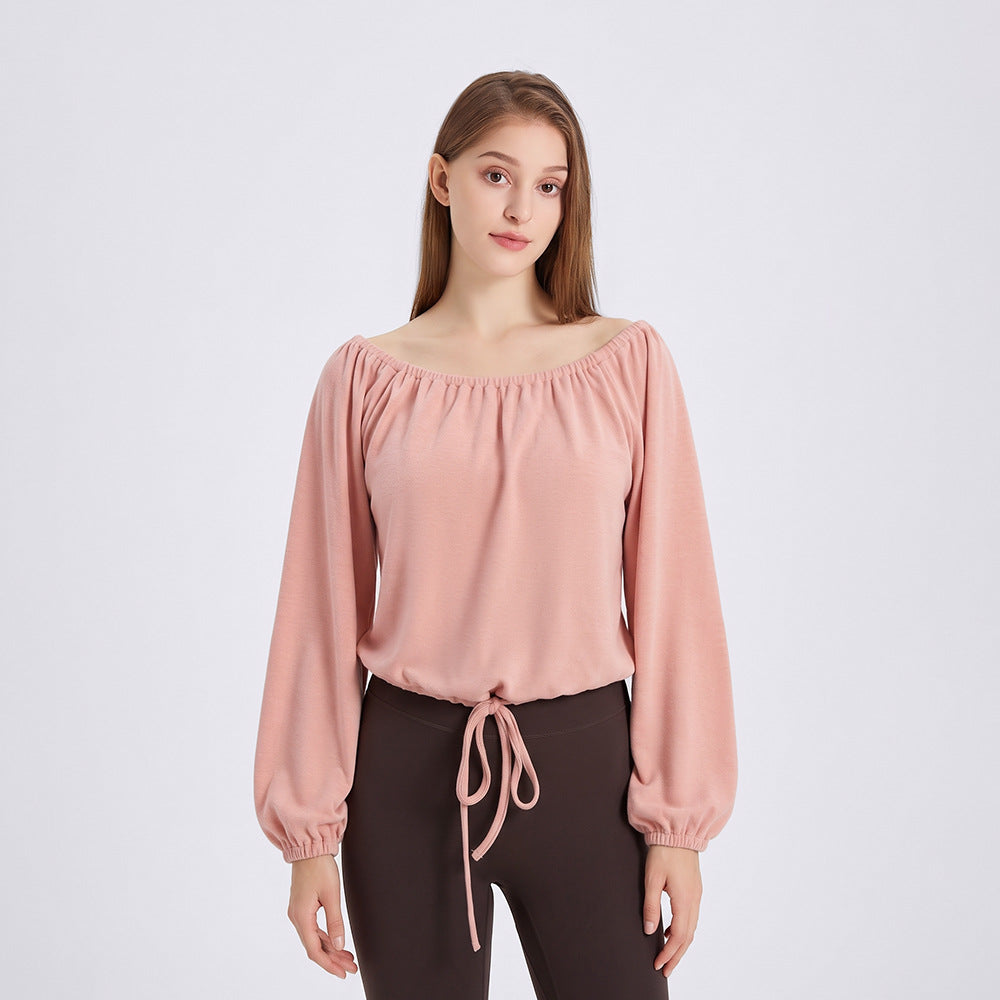 Wholesale Women’s Activewear Top | Slim-Fit Drawstring Off-Shoulder Warm-Up Shirt | fouregg - Soft Peach Mist