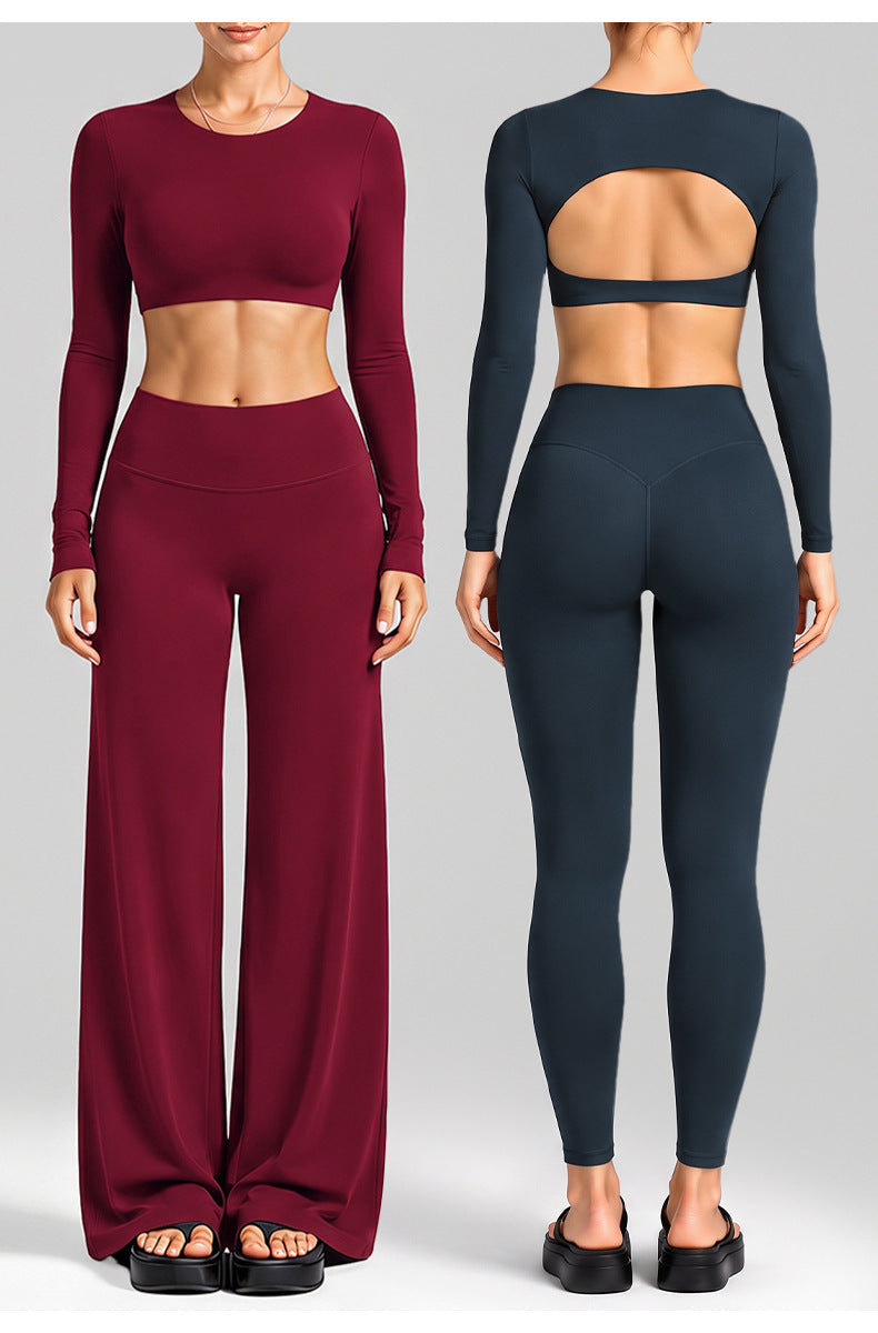Wholesale Women’s Activewear Set | Cutout Back Long Sleeve Tee & High-Waisted Loose Pants | fouregg