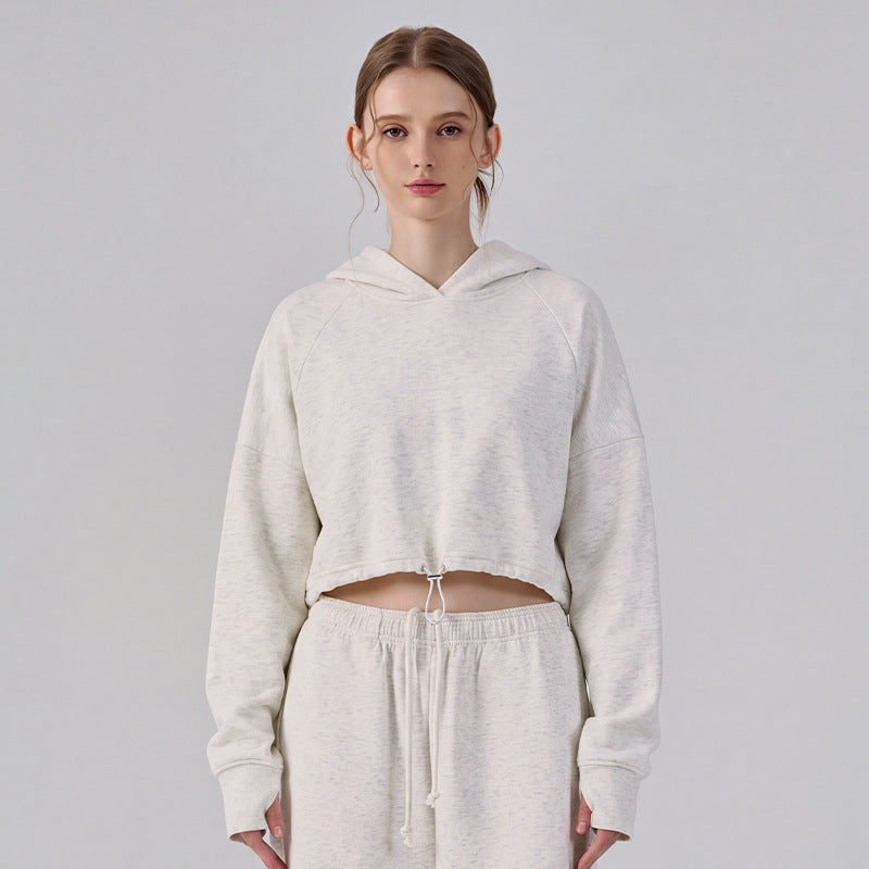 Wholesale Women’s Cropped Sweatshirt | Bulk Relaxed-Fit Hooded Workout Top | fouregg - White Linen Gray