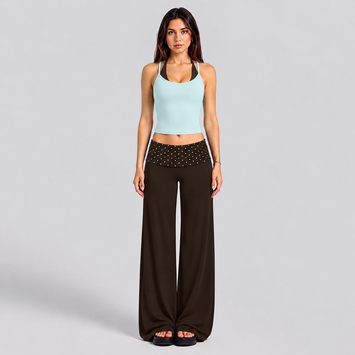 Wholesale Women’s Activewear Set | Color-Block Workout Tank & Quick-Dry Polka Dot Yoga Pants | fouregg - Tank Top + Pants, Light Blue