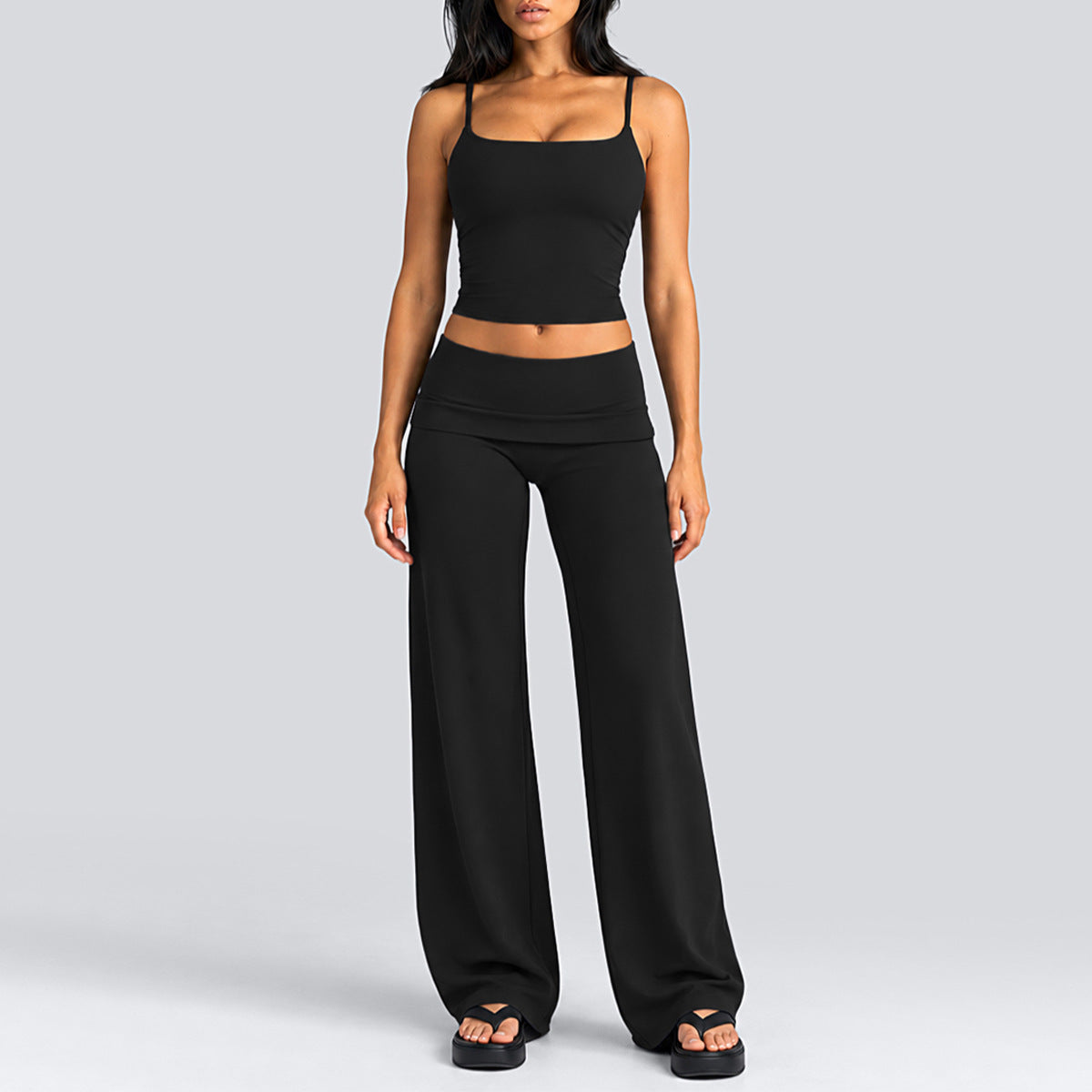 Wholesale Women’s Activewear Set | Quick-Dry Backless Tank Top & Slimming High-Waisted Workout Pants | fouregg - Tank Top + Straight-Leg Pants, Black