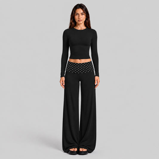 Wholesale Women’s Activewear Set | Fitted Sports Tank & Color-Block Polka Dot Workout Pants | fouregg - 1356 Long Sleeve + 6181 Pants Black