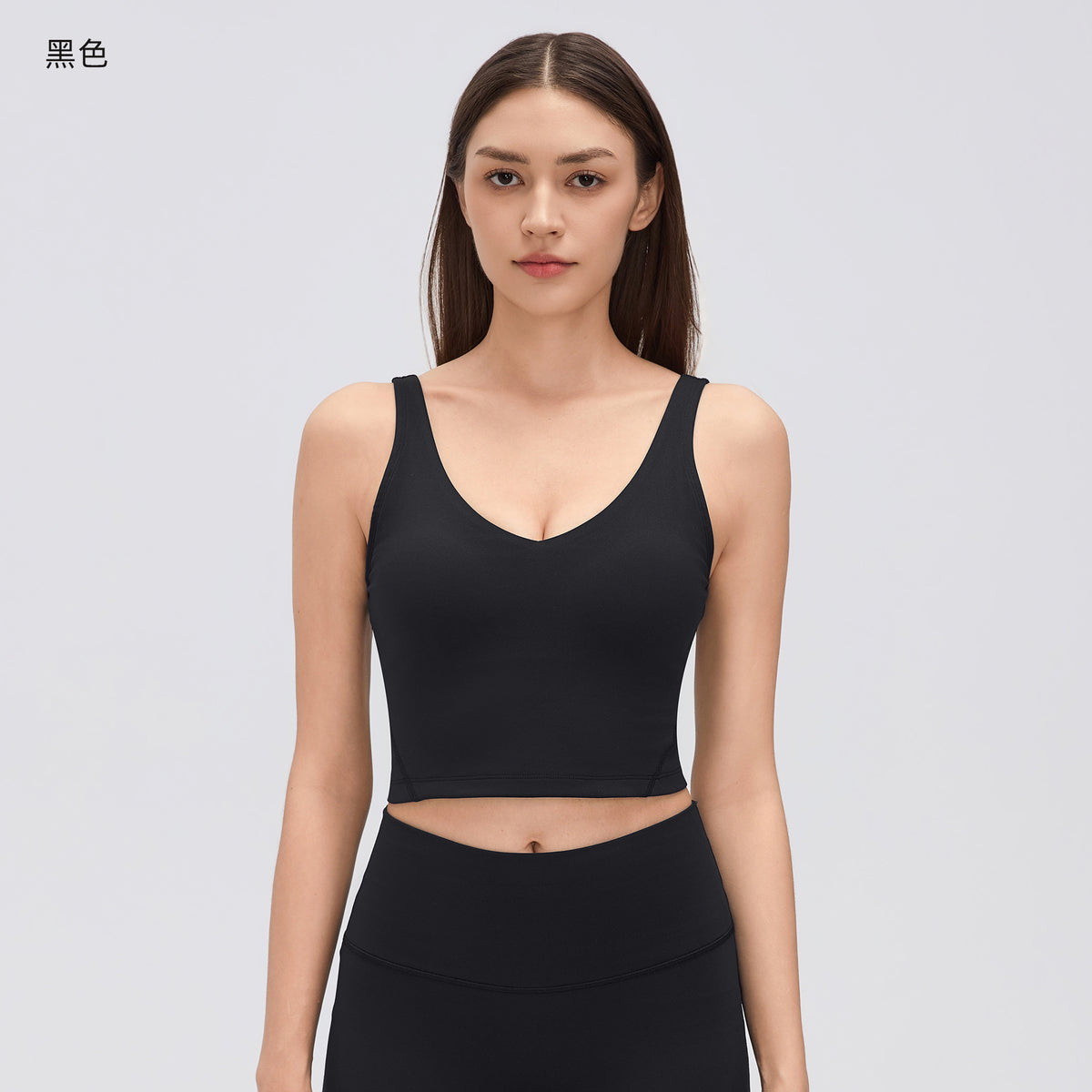 Wholesale Women’s Thermal Yoga Tank D26153 | Brushed V-Neck Sports Bra with Built-In Support | fouregg - Black