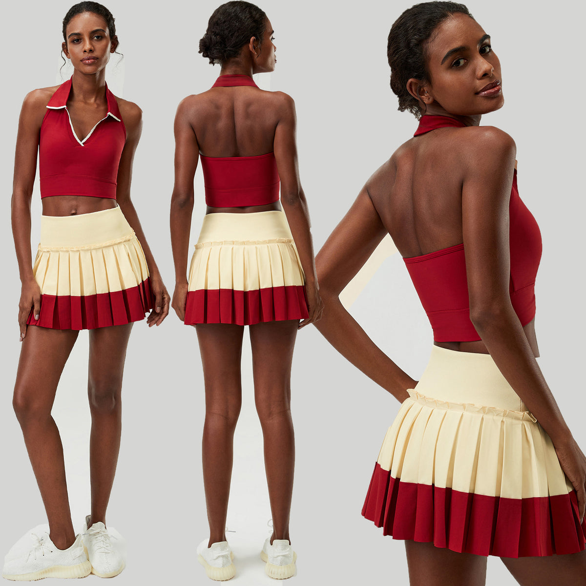 Wholesale Women's 2-Piece Tennis Skirt Set | Halter Sports Tank & Puff-Edge Skirt | Quick-Dry Activewear | fouregg