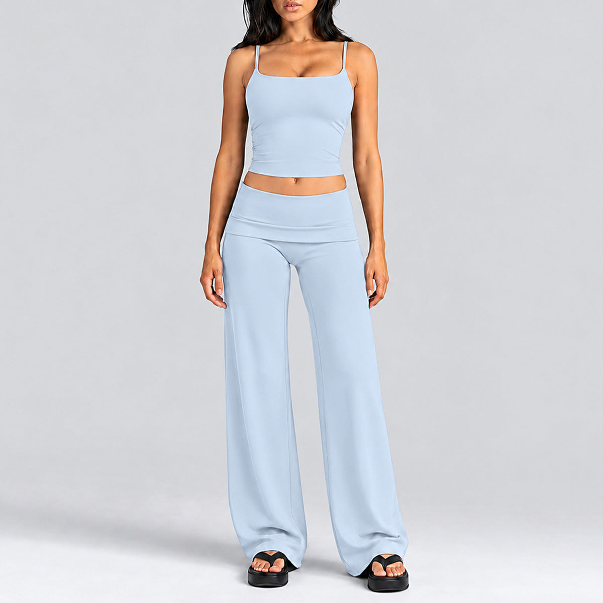 Wholesale Women’s Activewear Set | Quick-Dry Backless Tank Top & Slimming High-Waisted Workout Pants | fouregg - Tank Top + Straight-Leg Pants, Misty Blue