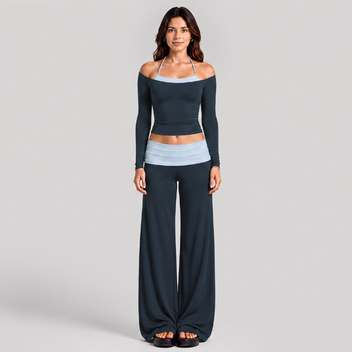 Wholesale Women’s Activewear Set | Long Sleeve Mock-Layer Halter Top & Straight-Leg Yoga Pants | fouregg - Long Sleeve and Pants Blueberry with Misty Blue