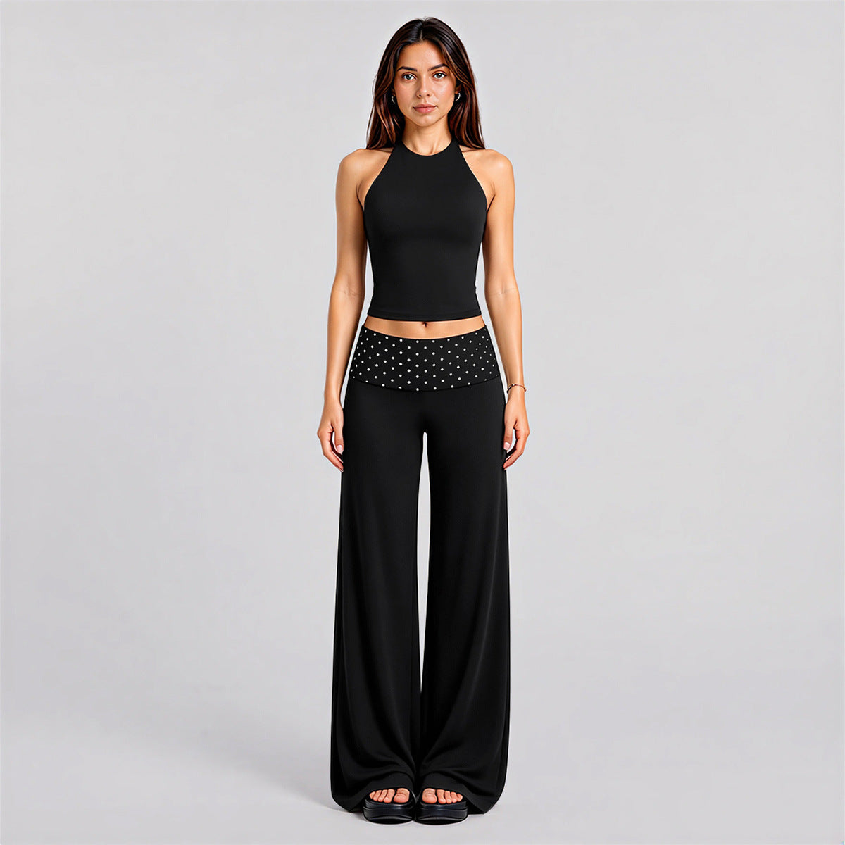 Wholesale Women’s Activewear Set | Halter Sports Top & Contrast Polka Dot Workout Pants | fouregg - Tank Top + Pants, Black