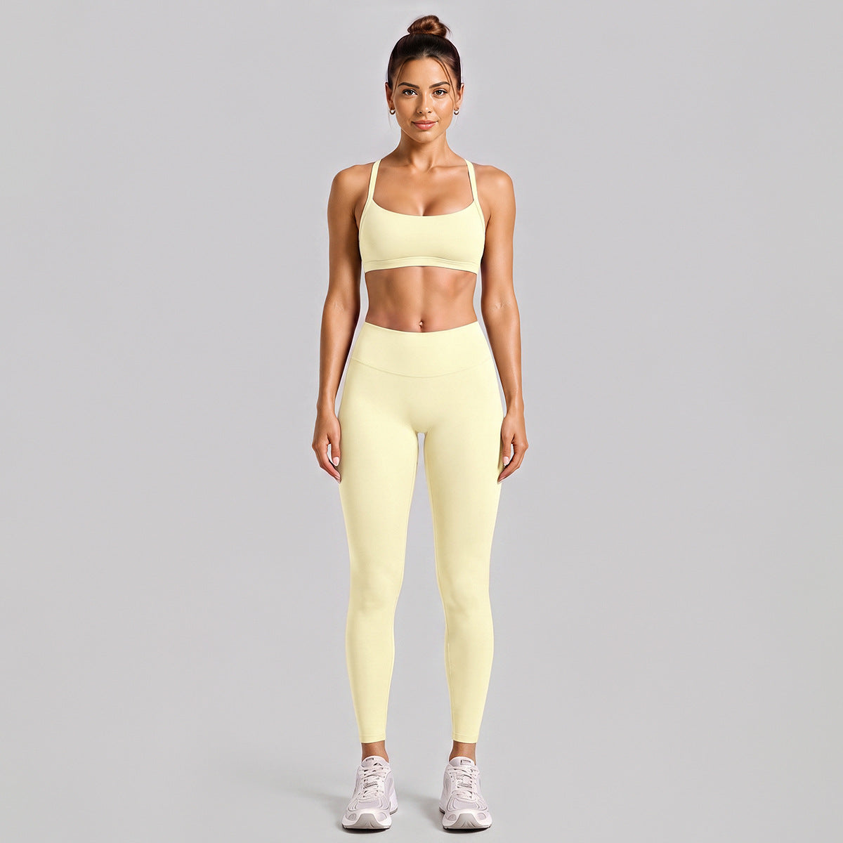 Wholesale Women’s Activewear Set | Halter Neck Sports Bra for Running, Cycling & Pilates | fouregg - Slim-Fit Long Set, Cream Yellow