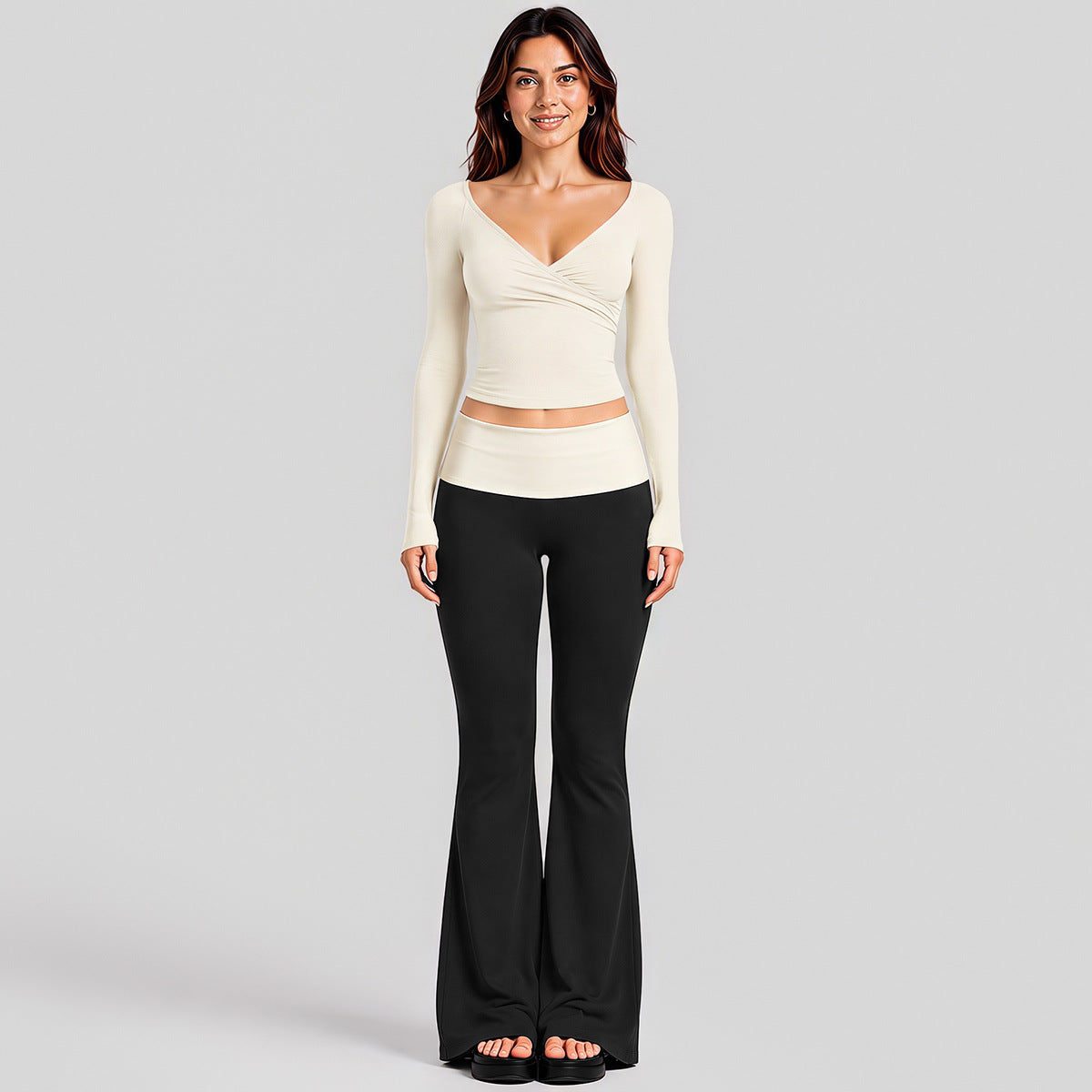 Wholesale Women’s Activewear Set | Quick-Dry Long Sleeve Off-Shoulder Top & High-Waisted Workout Pants | fouregg - Long Sleeve + Flared Pants, Off-White