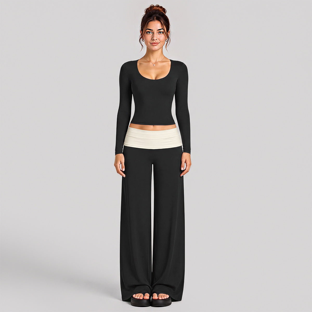 Wholesale Women’s Activewear Set | Color-Block Long Sleeve Tee & High-Waisted Training Pants | fouregg - Black