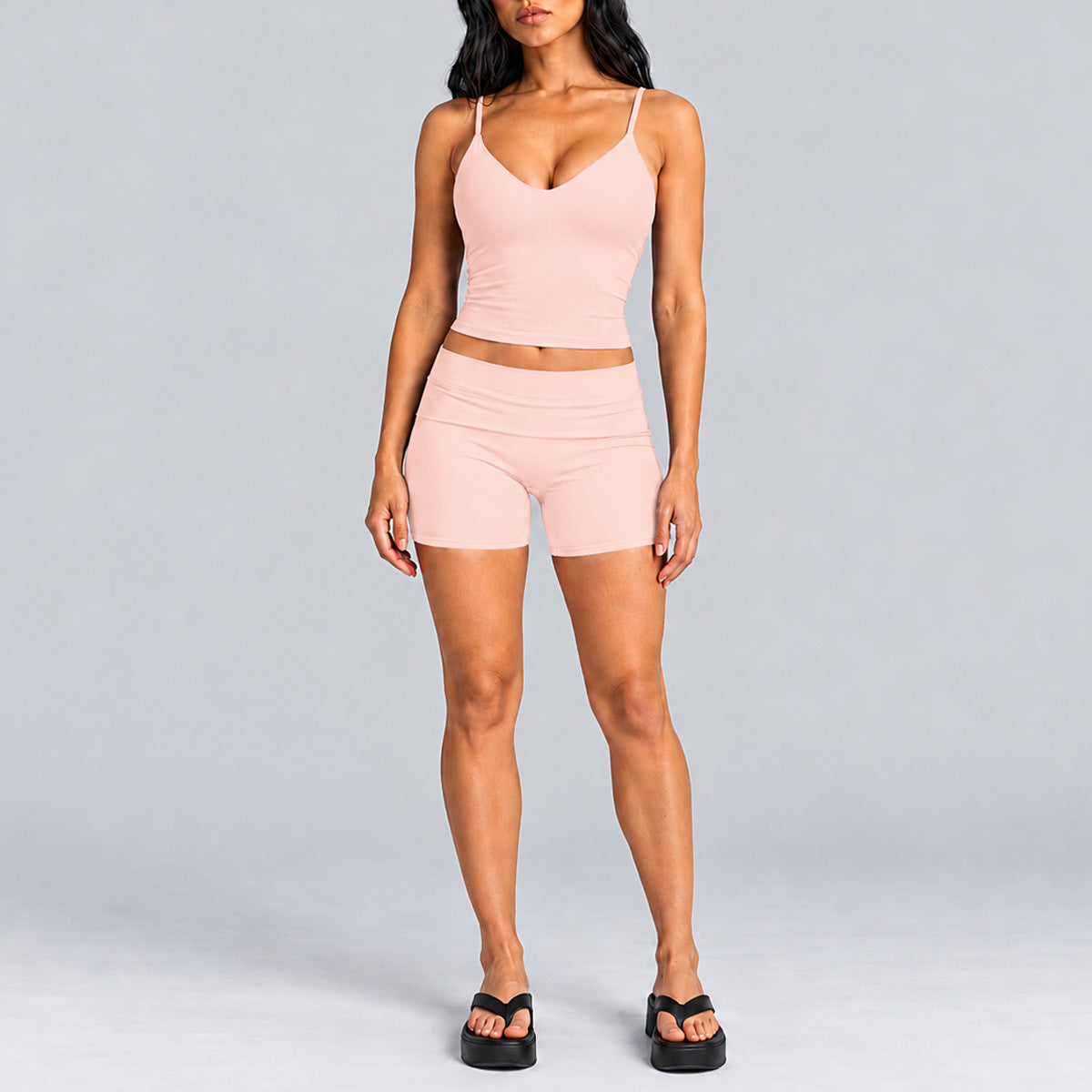 Wholesale Women’s Activewear Set | Quick-Dry Backless Sports Tank & High-Waisted Workout Pants | fouregg - Tank Top + Shorts, Gray Pink