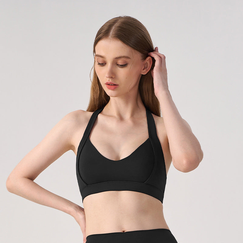 Wholesale Women’s Open-Back Sports Bra | Shockproof Supportive Yoga & Running Crop Top | fouregg - Black