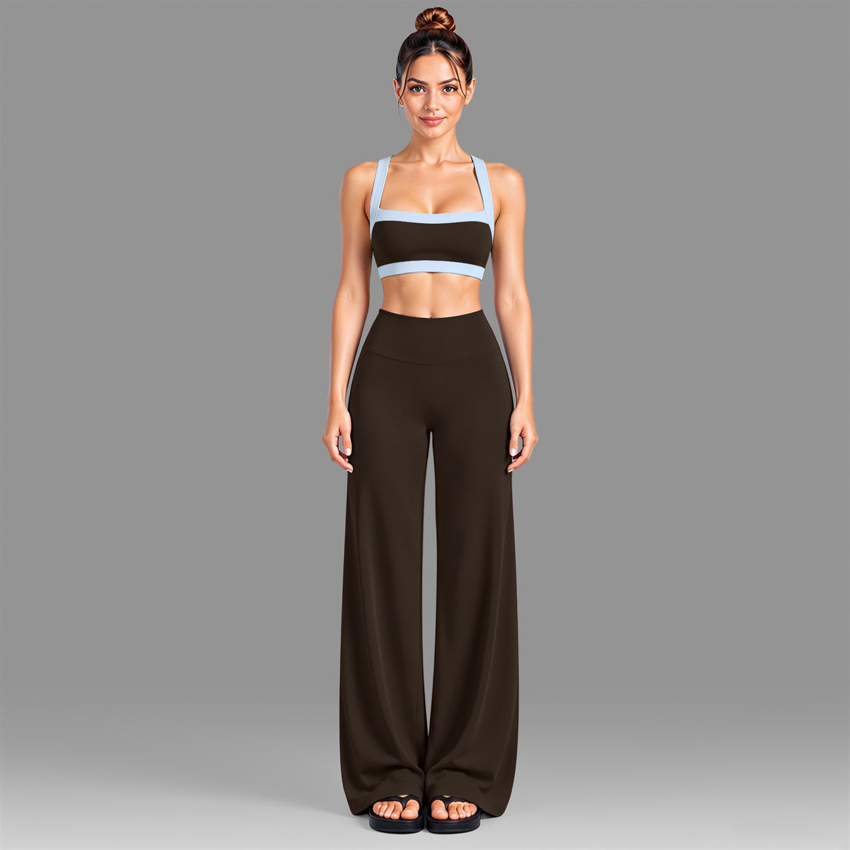 Wholesale Women’s Activewear Set | Color-Block Workout Bra & Low-Waisted Casual Fitness Pants | fouregg - Underwear + Pants Root Brown