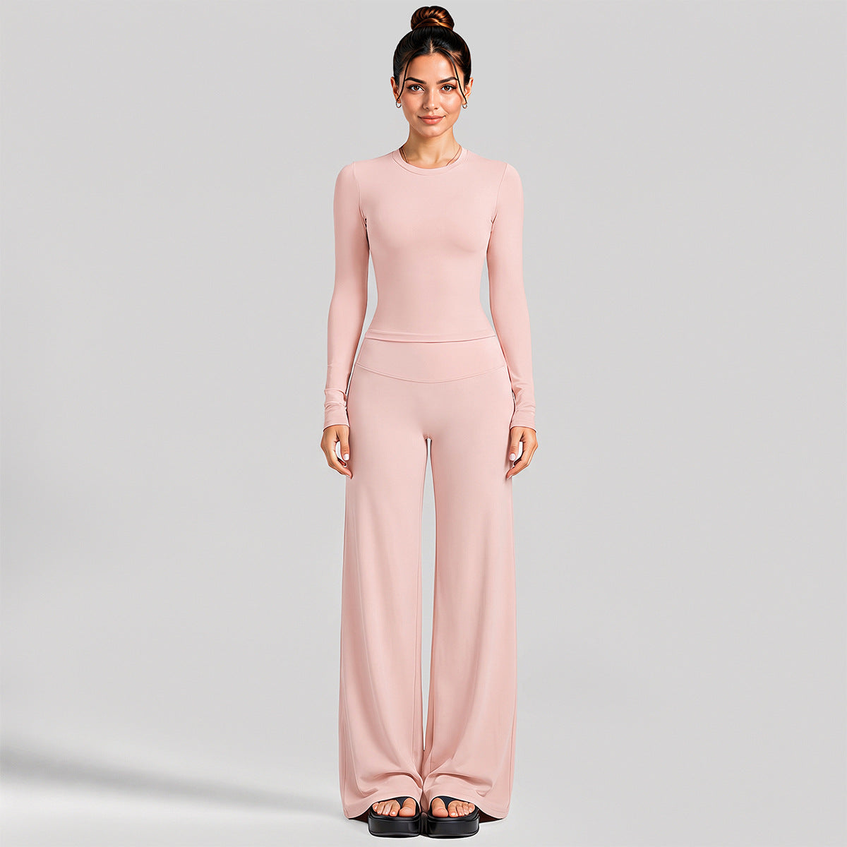 Wholesale Women’s Activewear Set | Fitted Long Sleeve Tee & Loose Straight-Leg Workout Trousers | fouregg - Long Sleeve + Straight-Leg Pants, Dusty Pink