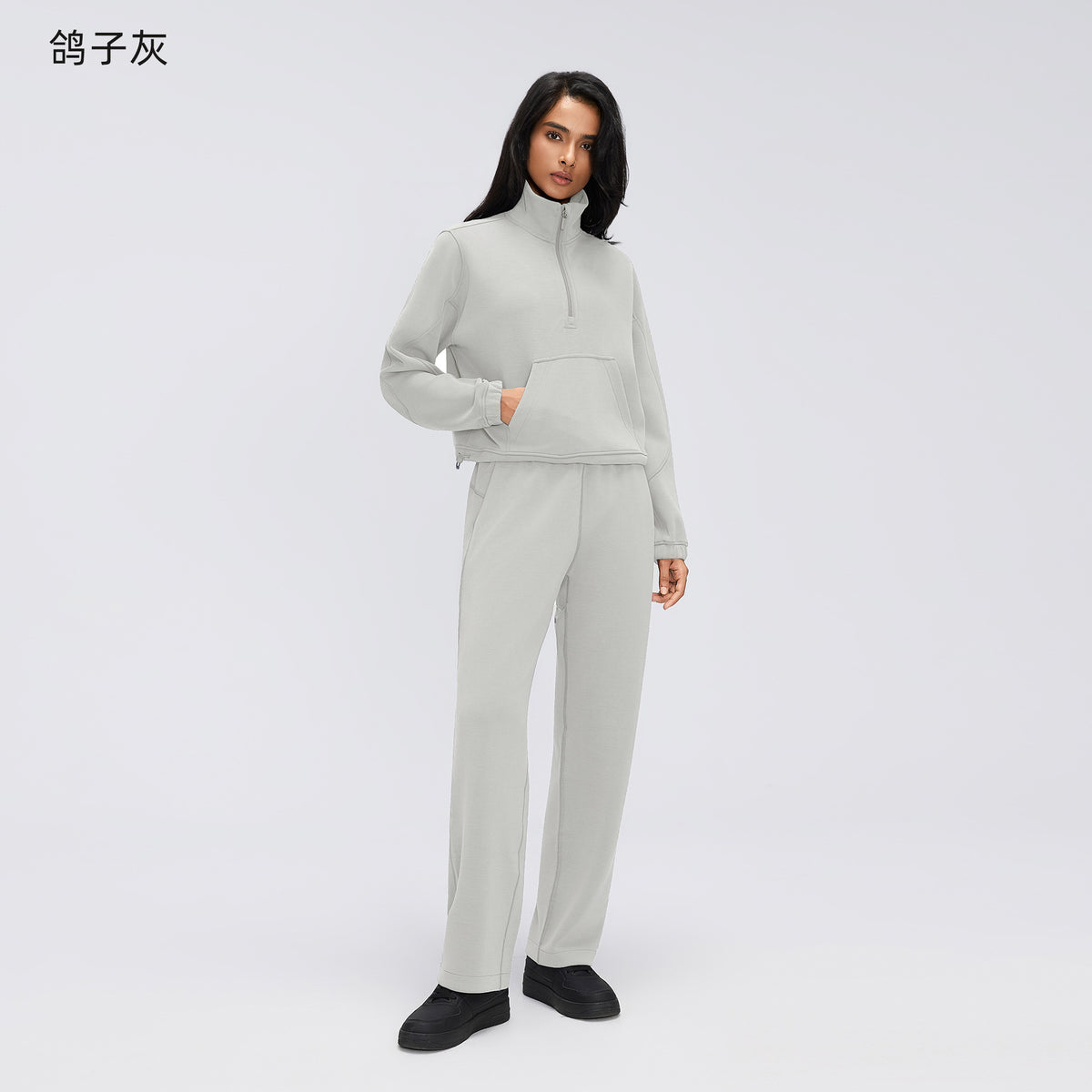 Wholesale Women’s Casual Activewear Set | Relaxed Cropped Sports Jacket & Straight-Leg Trousers | fouregg - Dove Gray D26157+D26158