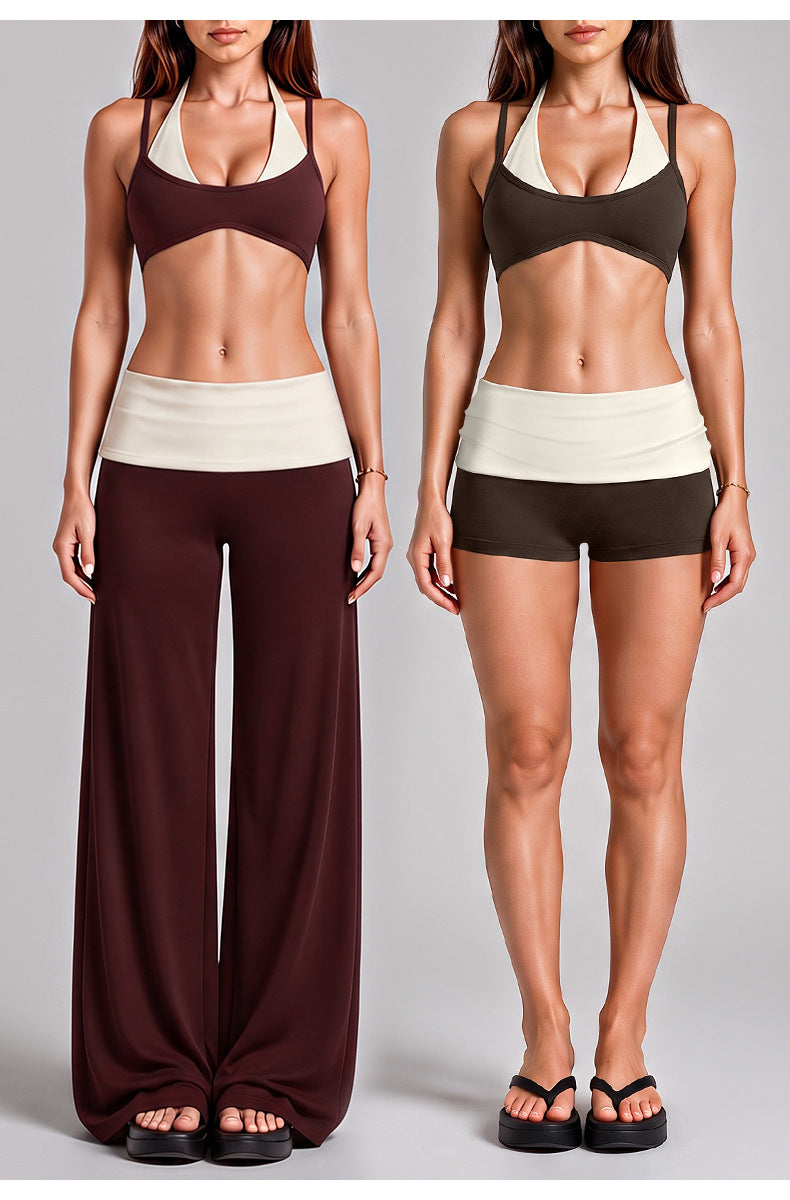 Wholesale Women’s Activewear Set | Backless Halter Bra & Color-Block High-Waisted Yoga Pants | fouregg