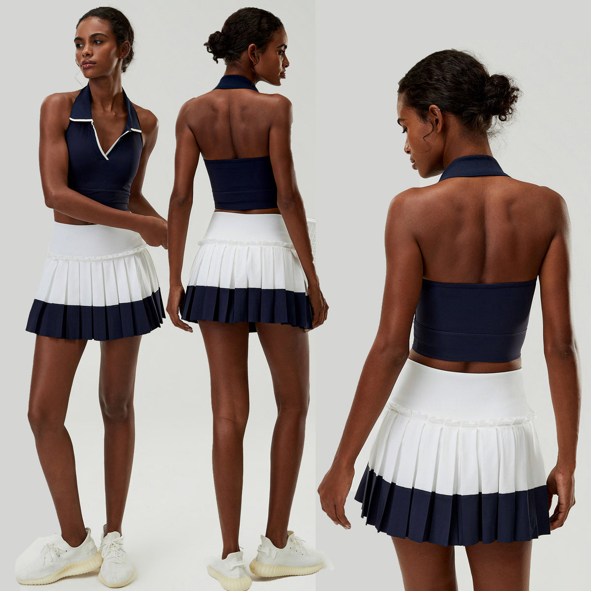 Wholesale Women's 2-Piece Tennis Skirt Set | Halter Sports Tank & Puff-Edge Skirt | Quick-Dry Activewear | fouregg