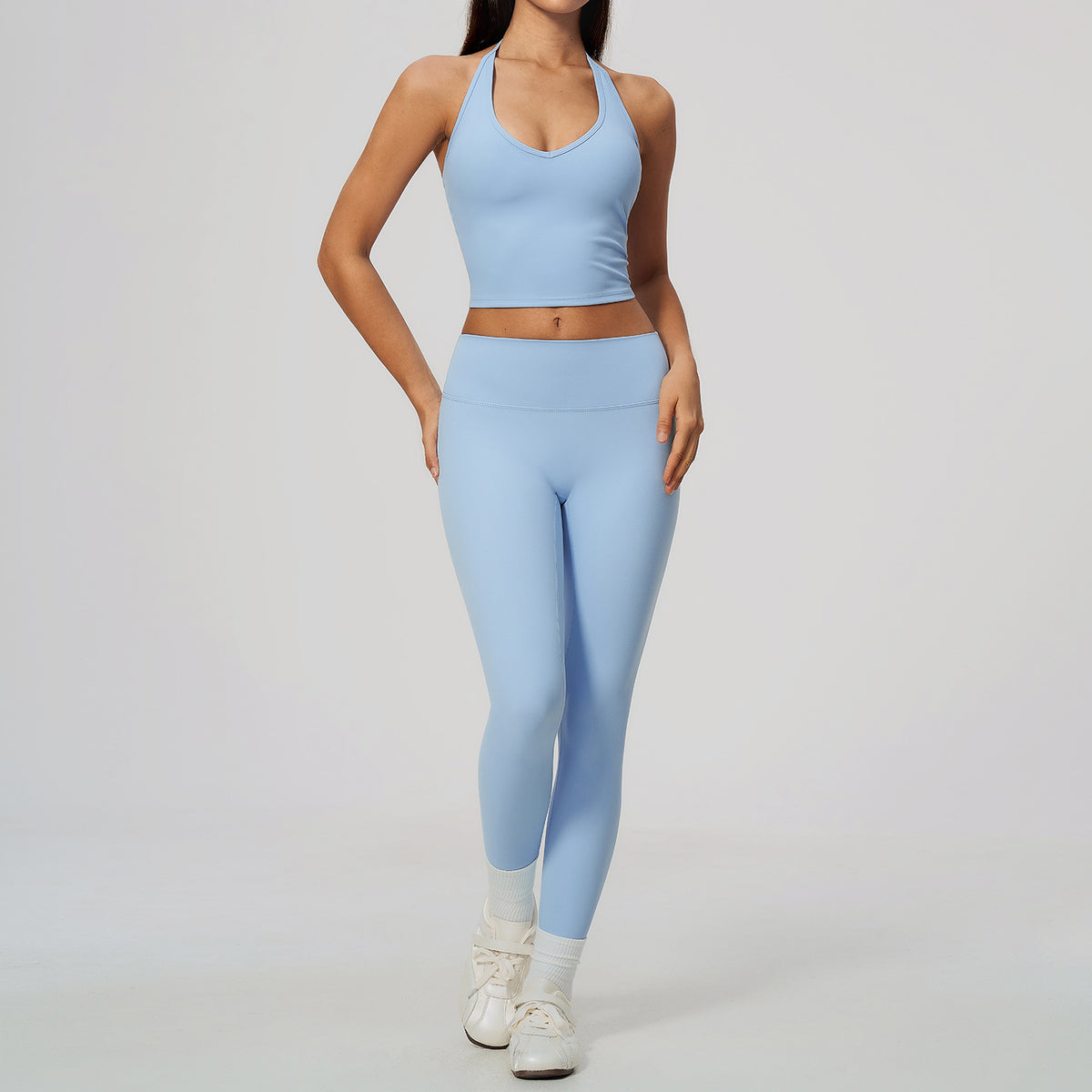 Wholesale Women’s Quick-Dry Activewear Set 5529 | Halter Tank & Sculpting Yoga Pants | fouregg - 5529 Vest + 8519 Pants, Shell Blue