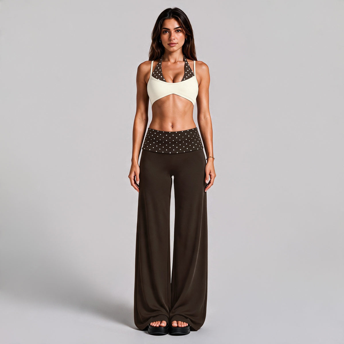 Wholesale Women’s Polka Dot Activewear Set | Backless Yoga Tank & Contrast-Trim Workout Trousers | fouregg - Pants + underwear, off-white polka dots